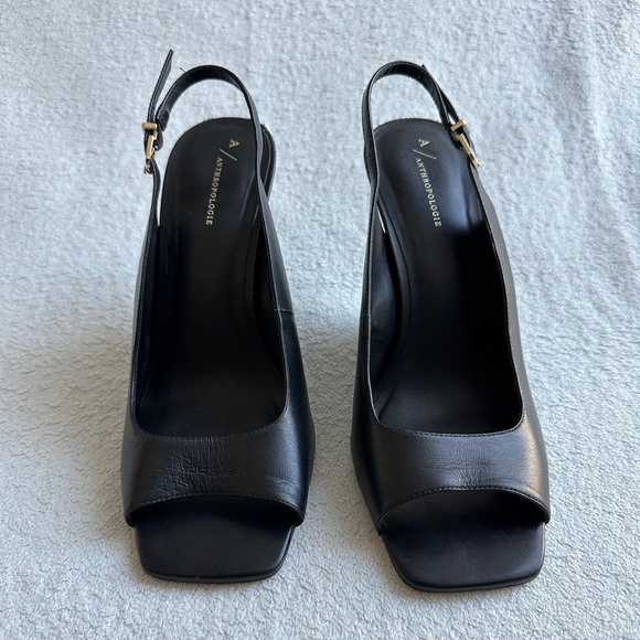 Like NEW Anthropologie Wedge Slingback Heels Black leather size 10 - Picture 5 of 15